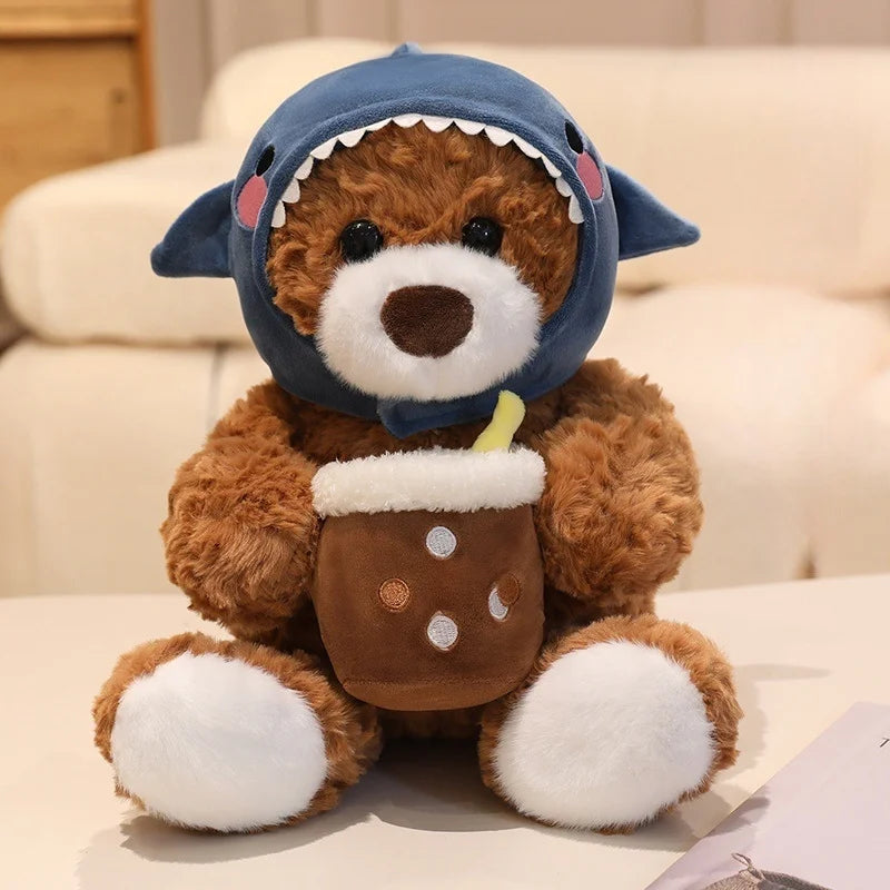 Cute Teddy Bear With Milk Bubble Tea And Animal(Shark/Rabbit/Dinosuar) Hat Dress Up Plush Toys 22/32
