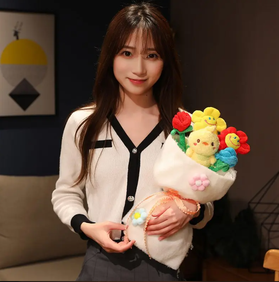 Animal(Bear/Rabbit/Pig/Duck) With Flower Plush Bouquet- 6 Styles With/Without Box and light