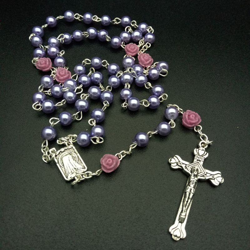 Rosary (QIGO Glass Pearl Beads With Rose Shaped Resin Beads) 70cm - Pink/White/Blue/Red/Black/Purple