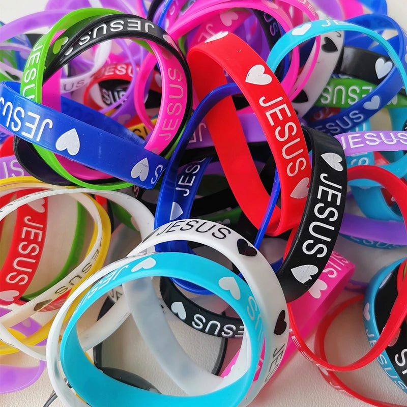 20 Pcs Christian Silicone Bracelets(Hand Wristband)  - Rubber Band/NIght Glow (Mix Colours)