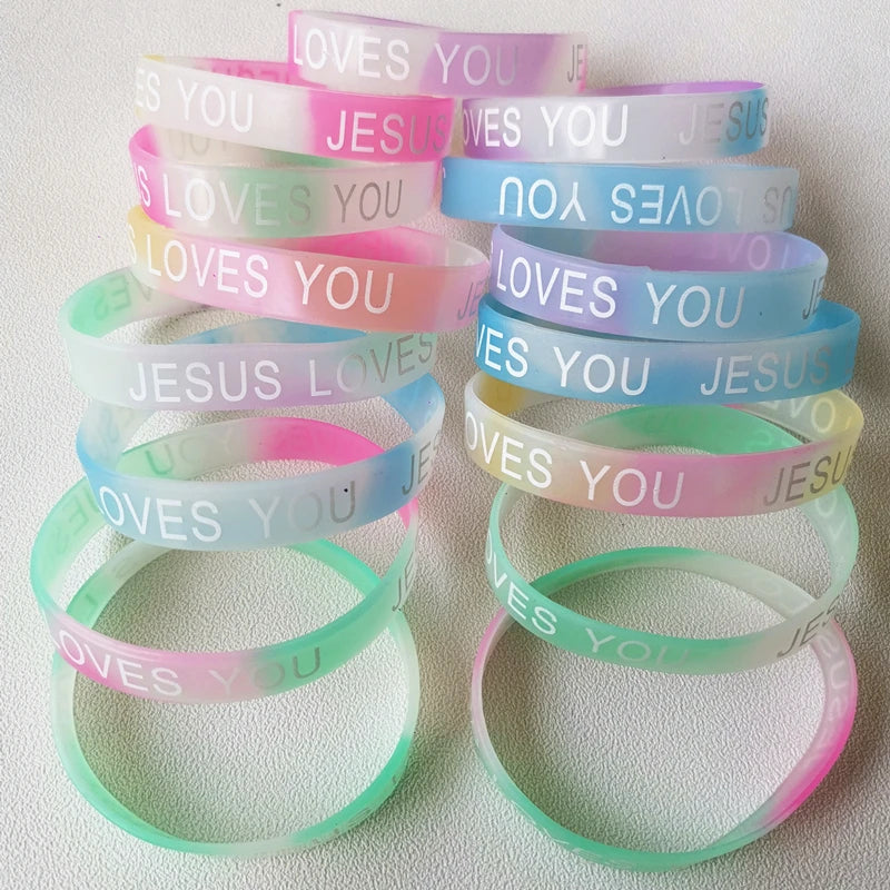 20 Pcs Christian Silicone Bracelets(Hand Wristband)  - Rubber Band/NIght Glow (Mix Colours)