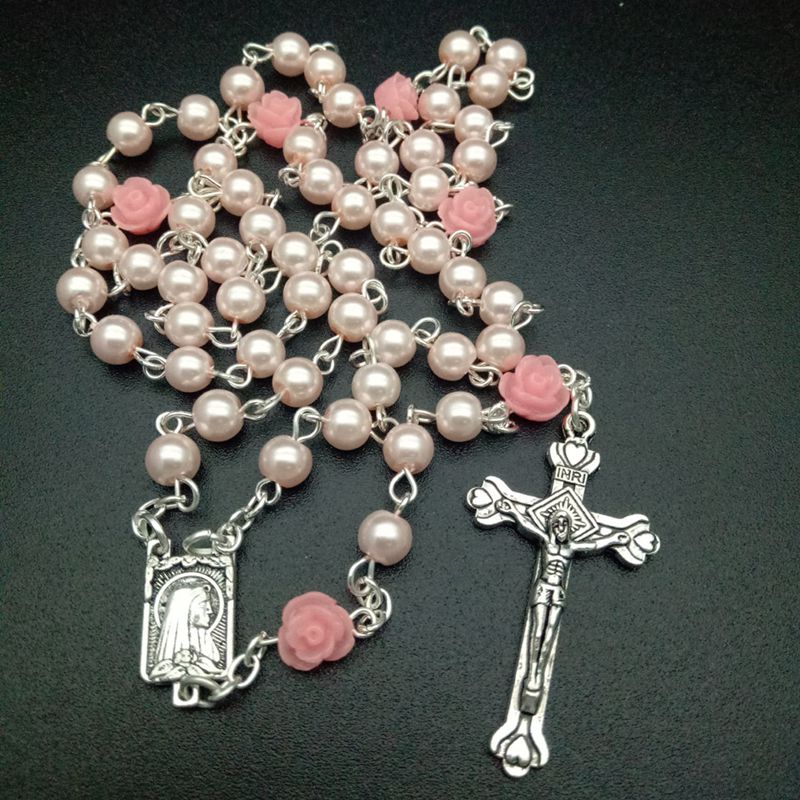 Rosary (QIGO Glass Pearl Beads With Rose Shaped Resin Beads) 70cm - Pink/White/Blue/Red/Black/Purple