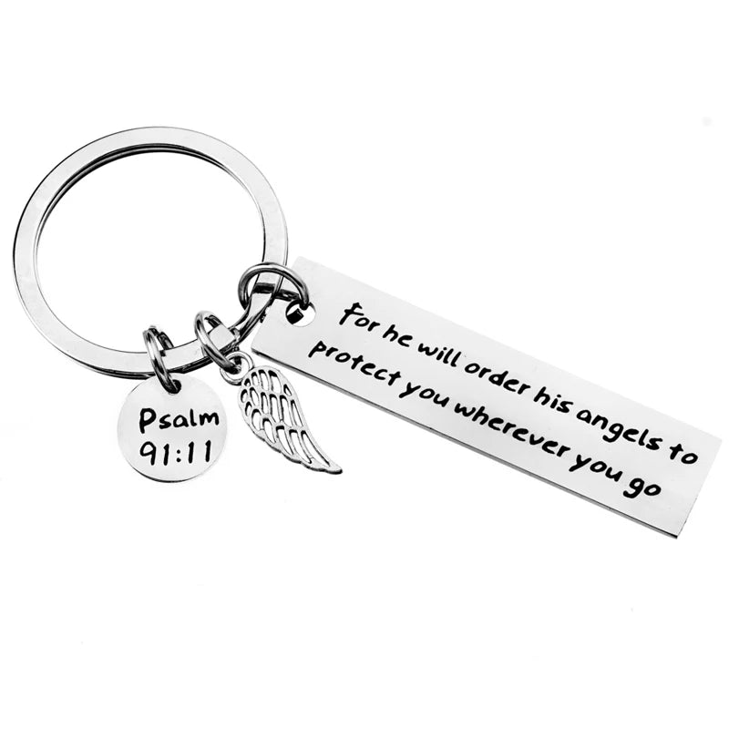 Keychain With The Bible Verse ("For he wil order his angels to protect you wherever you go" With Wing