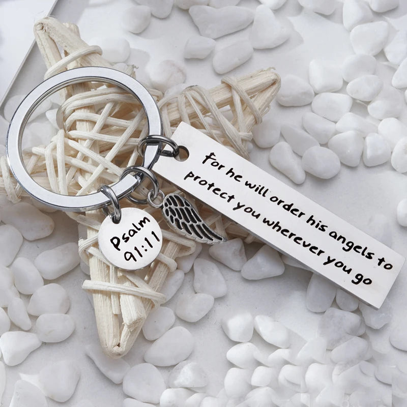 Keychain With The Bible Verse ("For he wil order his angels to protect you wherever you go" With Wing