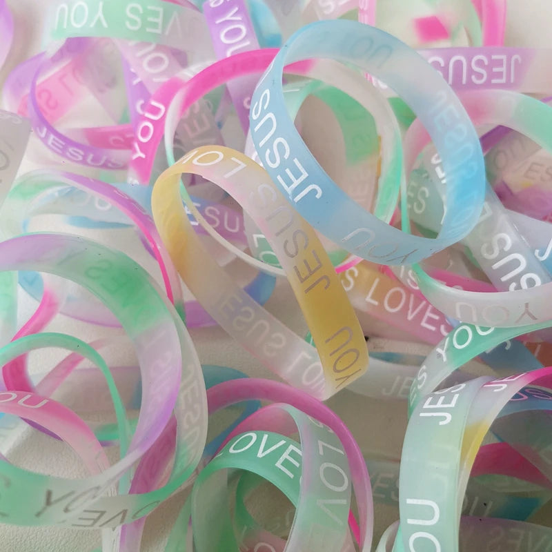 20 Pcs Christian Silicone Bracelets(Hand Wristband)  - Rubber Band/NIght Glow (Mix Colours)