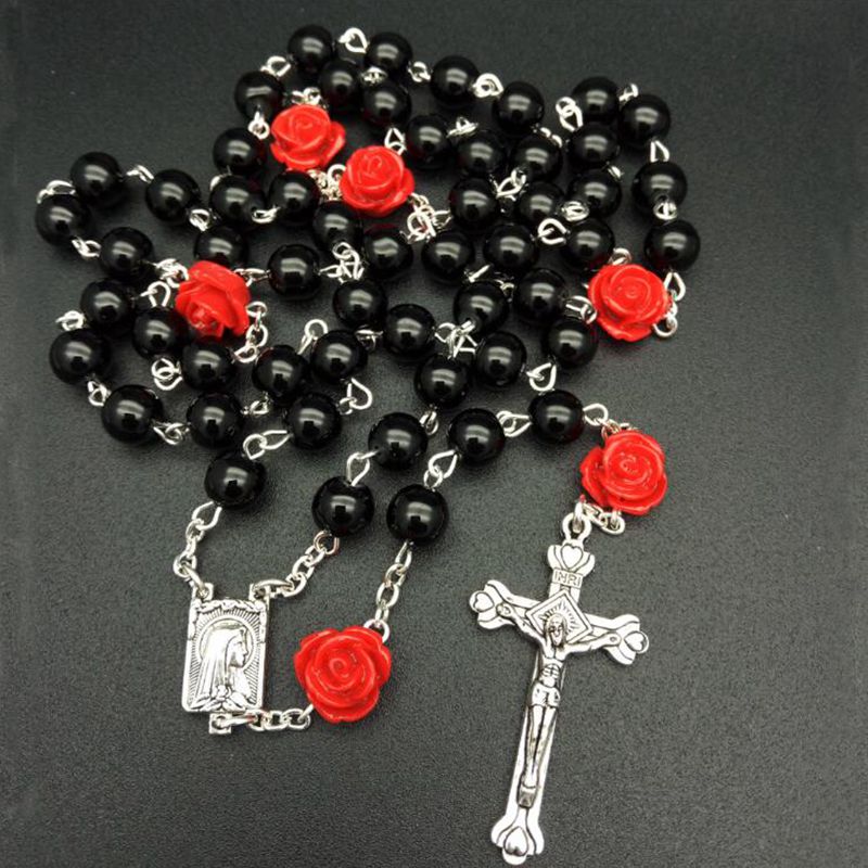 Rosary (QIGO Glass Pearl Beads With Rose Shaped Resin Beads) 70cm - Pink/White/Blue/Red/Black/Purple