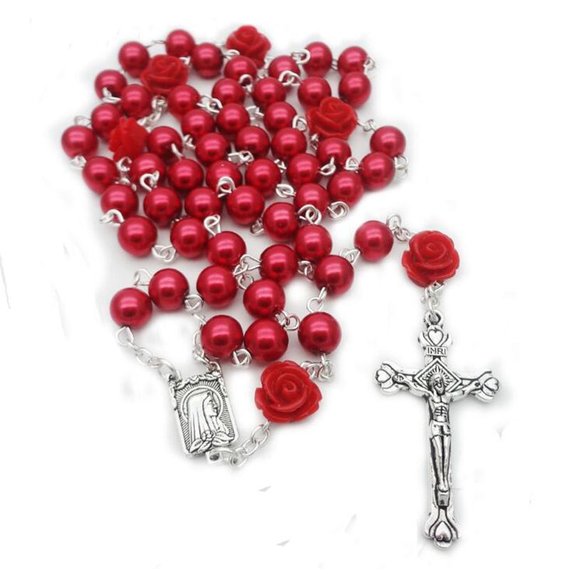 Rosary (QIGO Glass Pearl Beads With Rose Shaped Resin Beads) 70cm - Pink/White/Blue/Red/Black/Purple