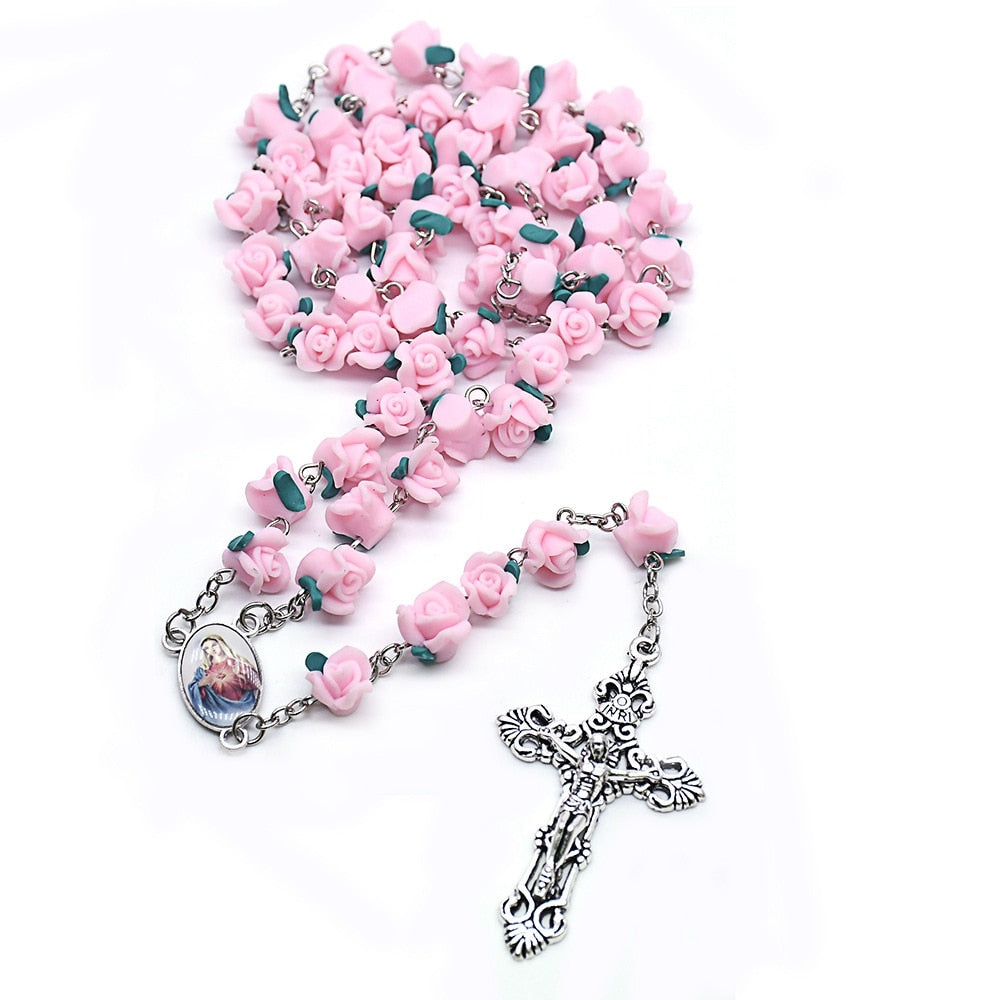 Rosary (QIGO Polymer Clay Rose Beads) 77cm - Red/Pink/Blue/Purple/Green