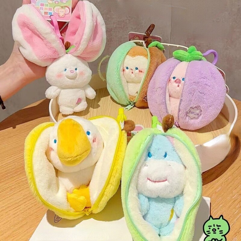 Funny Animal(Pig/Rabbit/Duck/Monkey/Donkey) In Fruit Bag Plush Keychains