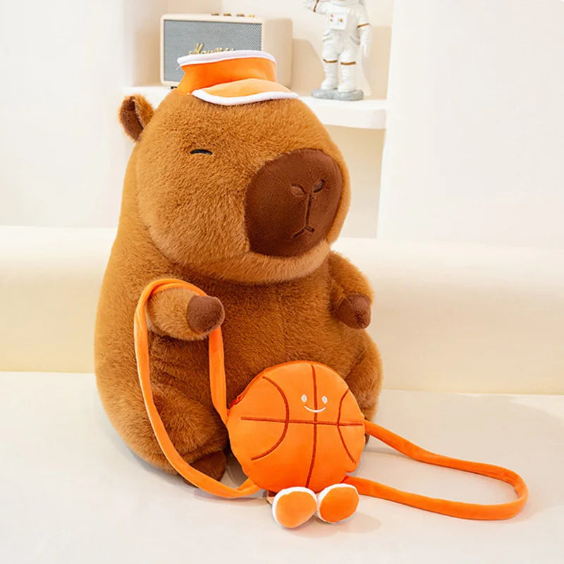 Cute Capybara With Orange Basketball Bag With Hat Plush Toys 26cm