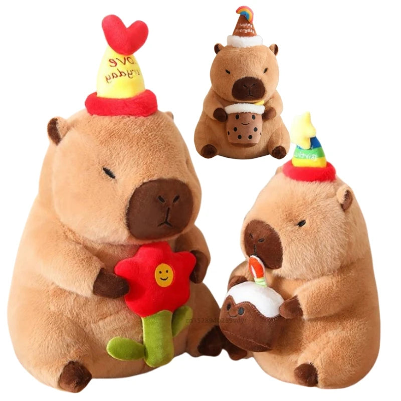 Cute Capybara With Happy Birthday Hat And Cake/Flower/Milk Tea Plush Toys 30/40cm