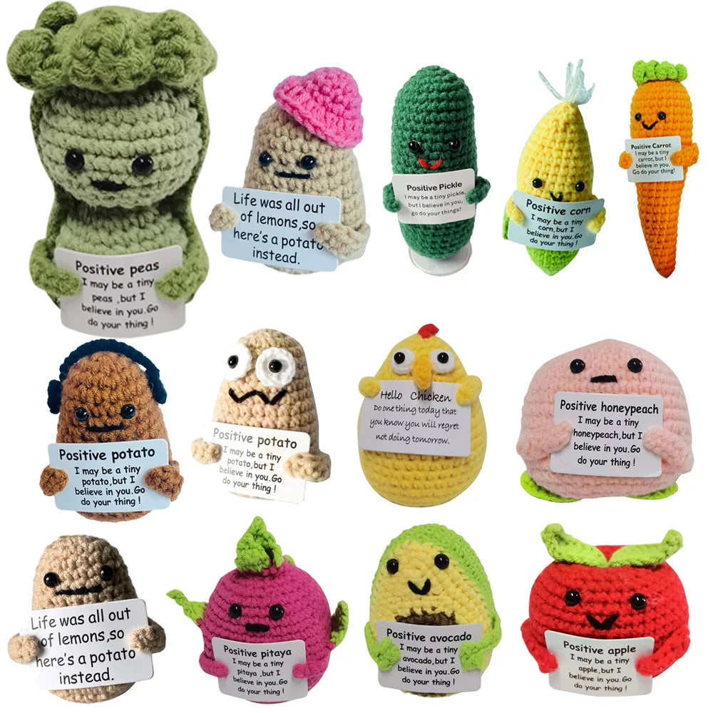 Handmade Knitted Potato/Corn/Carrot/Chicken/Avocado/Pear/Apple/Eggplant/Pea/Peach/Pitaya With Positive Message - 25 Styles