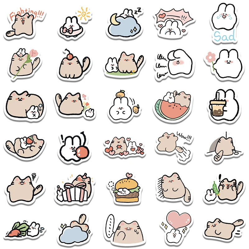 60 pcs Cute/Kawaii White Bunny/Rabbit and Cat Stickers