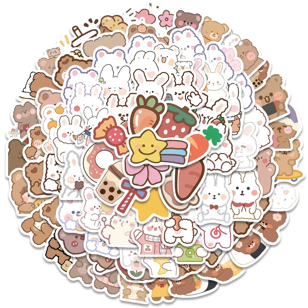 90 pcs Cute/Kawaii White Bunny/Rabbit and Brown Bear Stickers