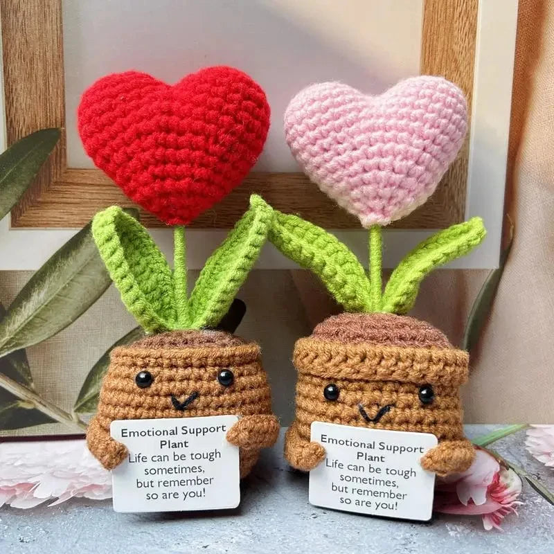 Handmade Knitted Heart/Flower In Pot With Positive Message - 3 Styles