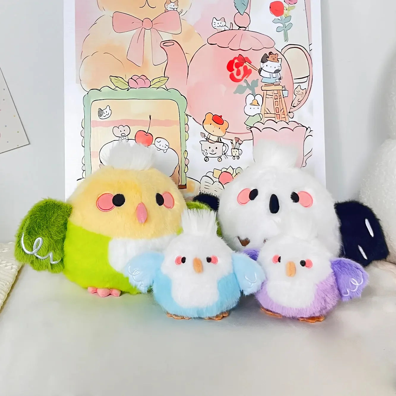 Cute Bird Plush Toys 18cm and Plush Keychains 10cm - Purple/Blue/Green/Black