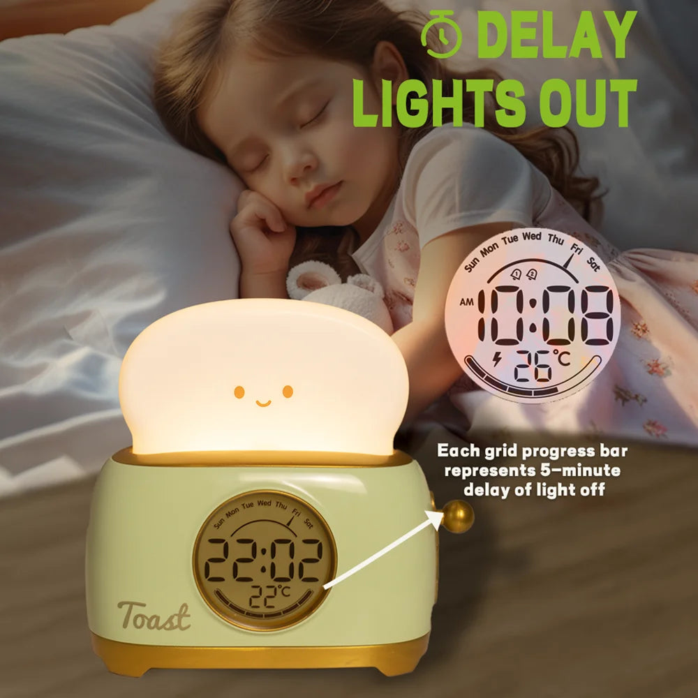 LED Night Light Toast Lamp With Digital Aarm Clock - Green/Yellow