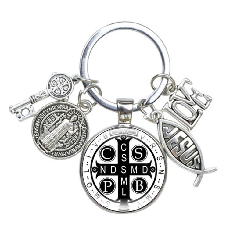 Keychain With Saint Benedict Medallion, Jesus Fish Sign and Other charms - 10 Choices