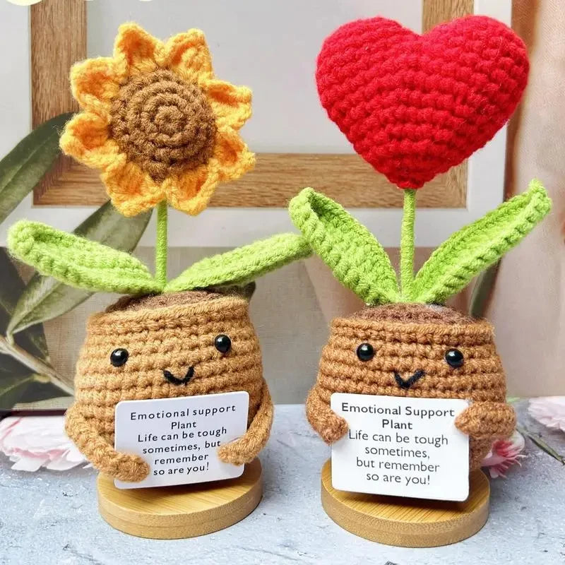 Handmade Knitted Heart/Flower In Pot With Positive Message - 3 Styles