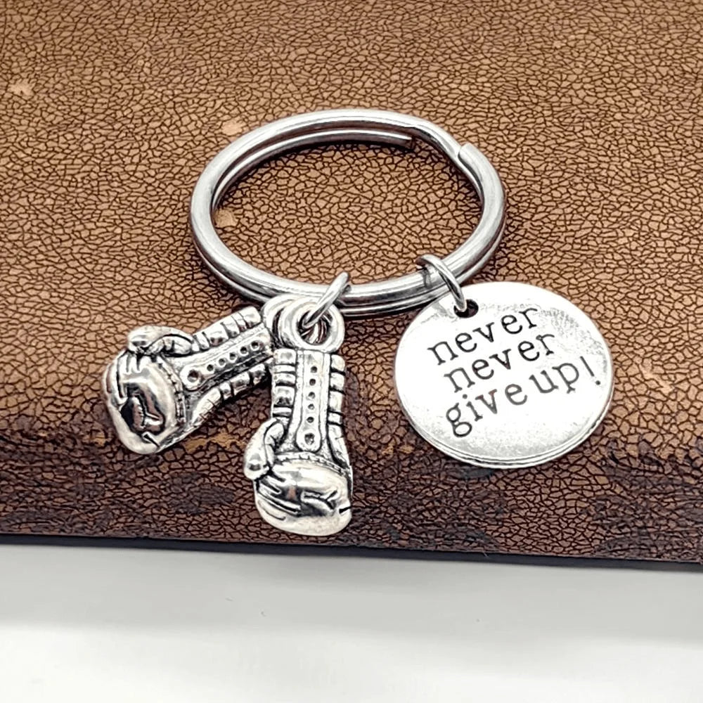 Keychain With The Positive Message ("Never never give up!"/"Be stronger than the storm"/"Do what you love, love what you do") With Boxing Gloves - 3 Styles