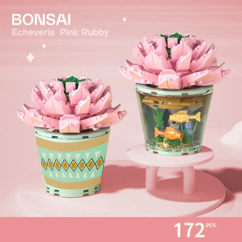 Flower Bouquet In Pot With Bonsai Style Mini Building Blocks - 10 Styles