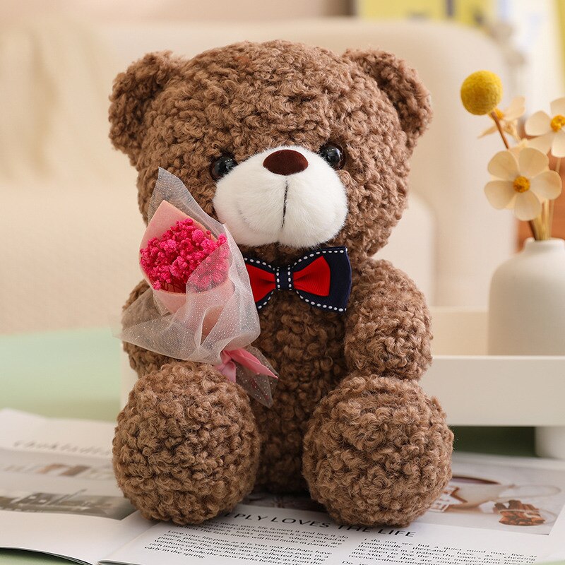 Teddy Bear With Bow Tie And Flower Plush Toys 25cm - Dark Brown/Green/Pink/Light Brown