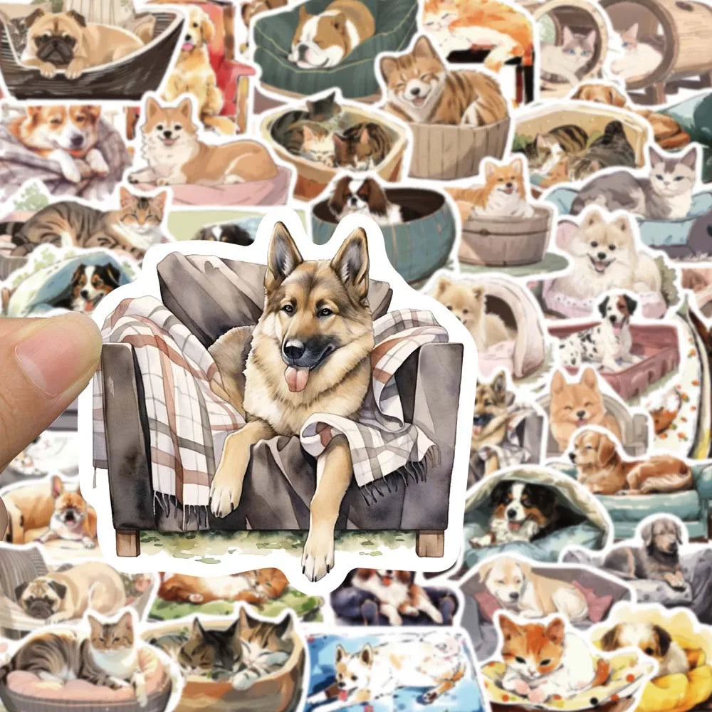 50 pcs Cute/Kawaii Dog/Cat In Bed Stickers