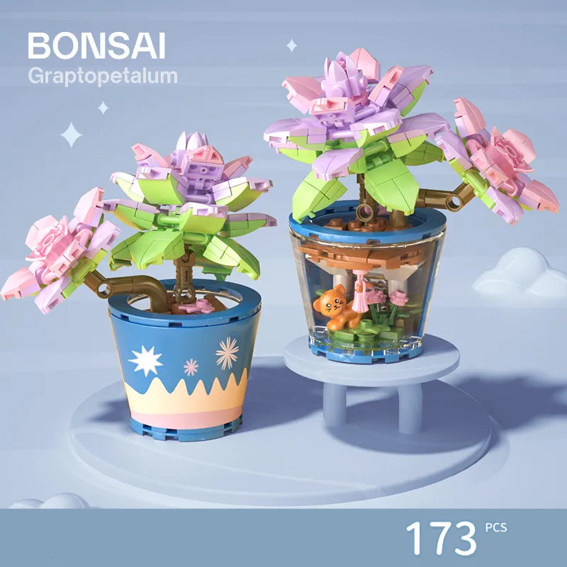 Flower Bouquet In Pot With Bonsai Style Mini Building Blocks - 10 Styles