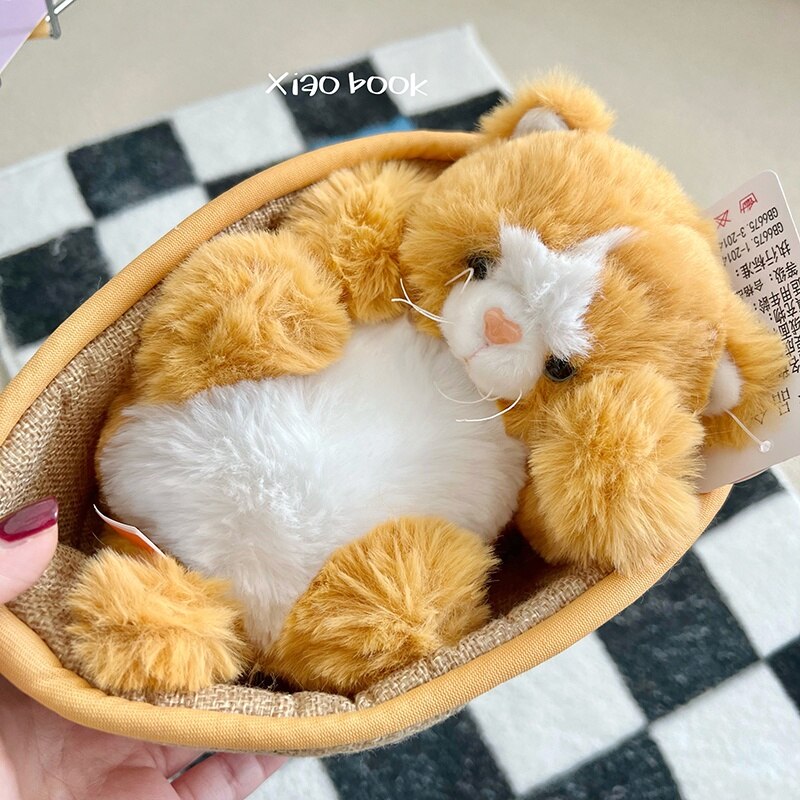 Cat/Kitten In Basket Plush Toys 21cm - Yellow/White/Grey