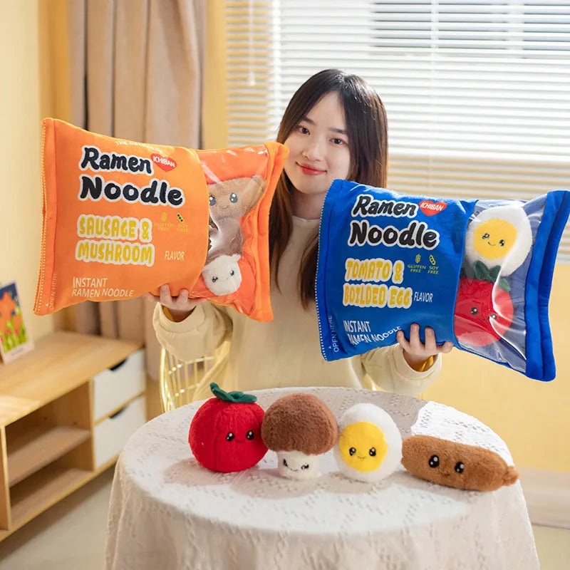 Ramen and Noodle Bag With 6 pieces of Minis Plush Toys 45x35cm - Blue/Orange