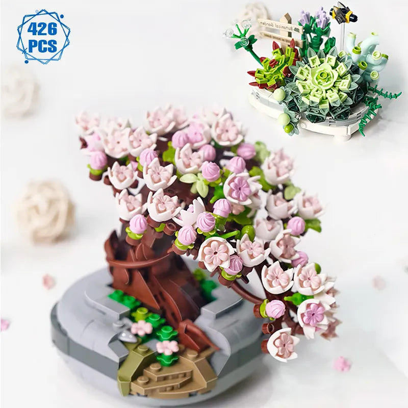 Tree With Flowers (Cherry Blossom) / Succulents In Bonsai Style Mini Building Blocks - 2 Styles