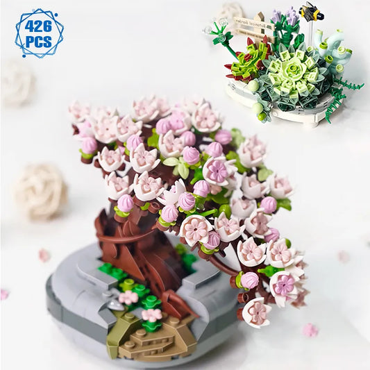 Tree With Flowers (Cherry Blossom) / Succulents In Bonsai Style Mini Building Blocks - 2 Styles