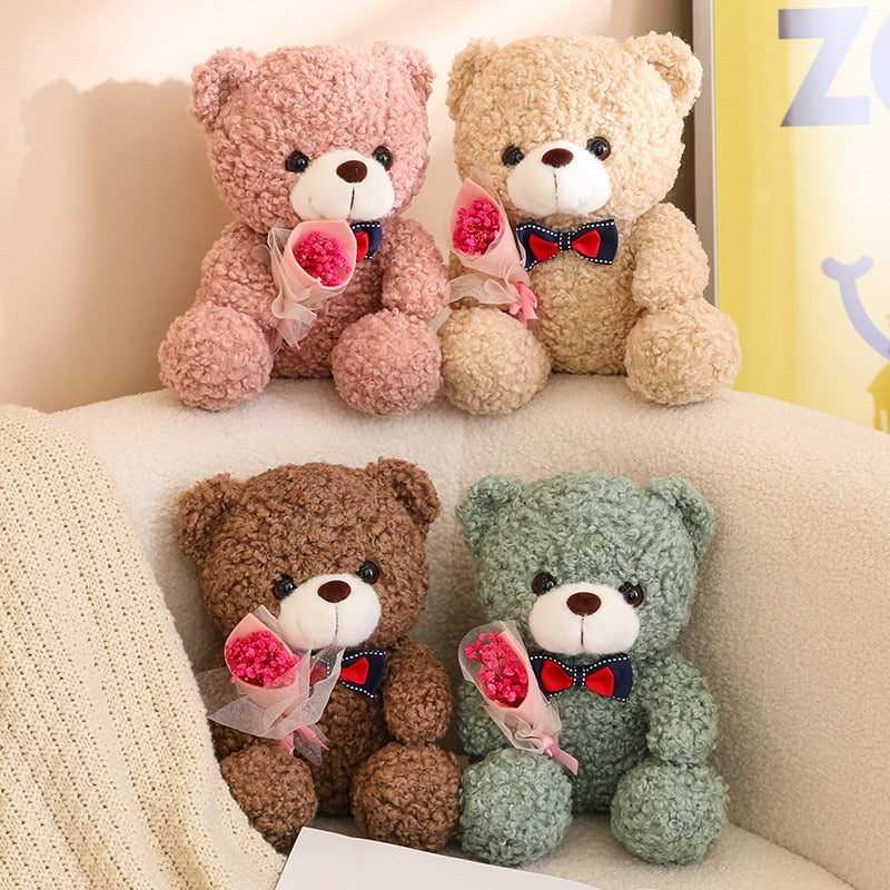 Teddy Bear With Bow Tie And Flower Plush Toys 25cm - Dark Brown/Green/Pink/Light Brown