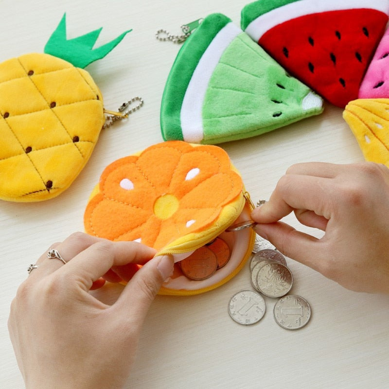 Fruit Coin Purse Plush Keychains - Orange/Strawberry/Watermelon/Pineapple