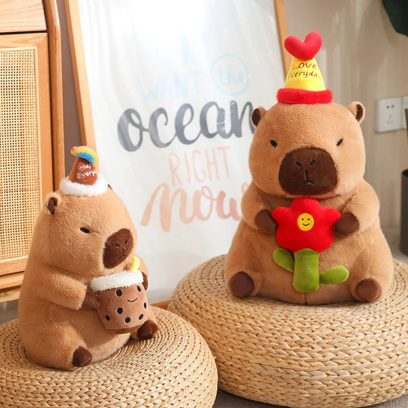 Cute Capybara With Happy Birthday Hat And Cake/Flower/Milk Tea Plush Toys 30/40cm