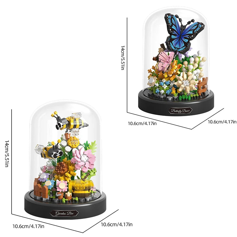 Cute Butterfly/Bee With Flowers And Clear Display Set Mini Building Blocks