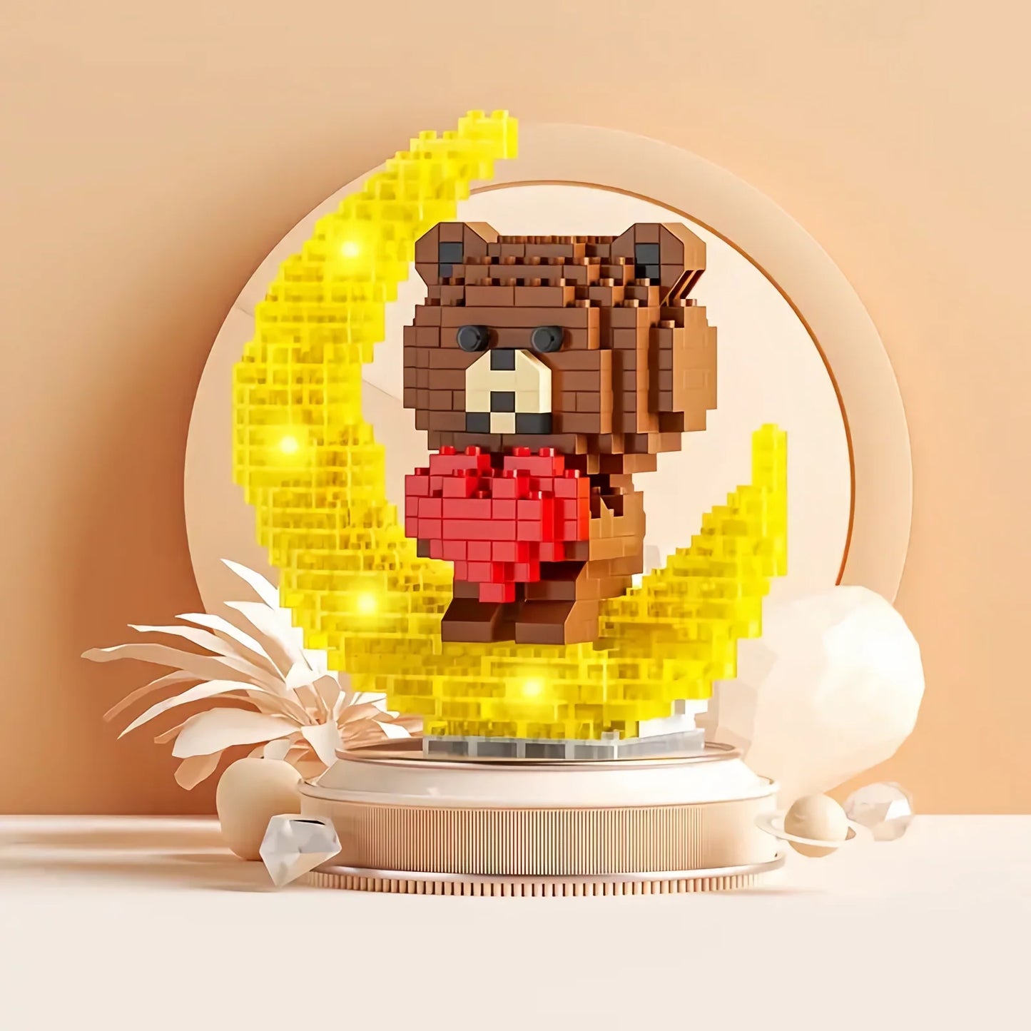 Cute Bear With Red Heart, Moon And Light Mini Building Blocks