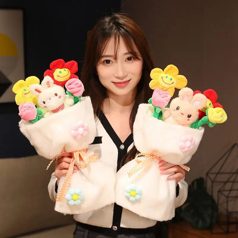 Animal(Bear/Rabbit/Pig/Duck) With Flower Plush Bouquet-  6 Styles With/Without Box and light