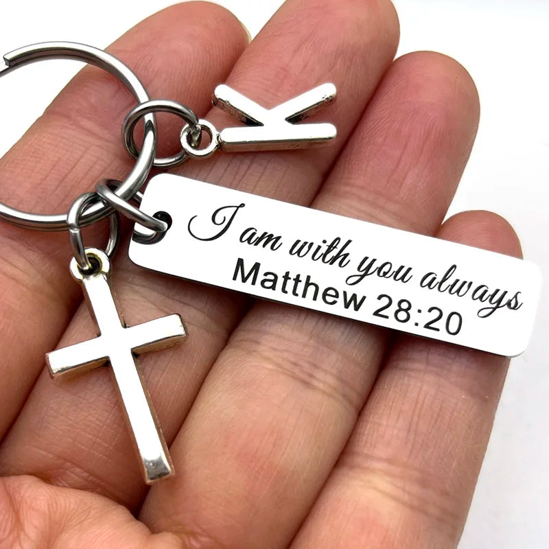 Keychain With The Bible Verse ("I am with you always" Matthew 28: 20) With Alphabet Letter