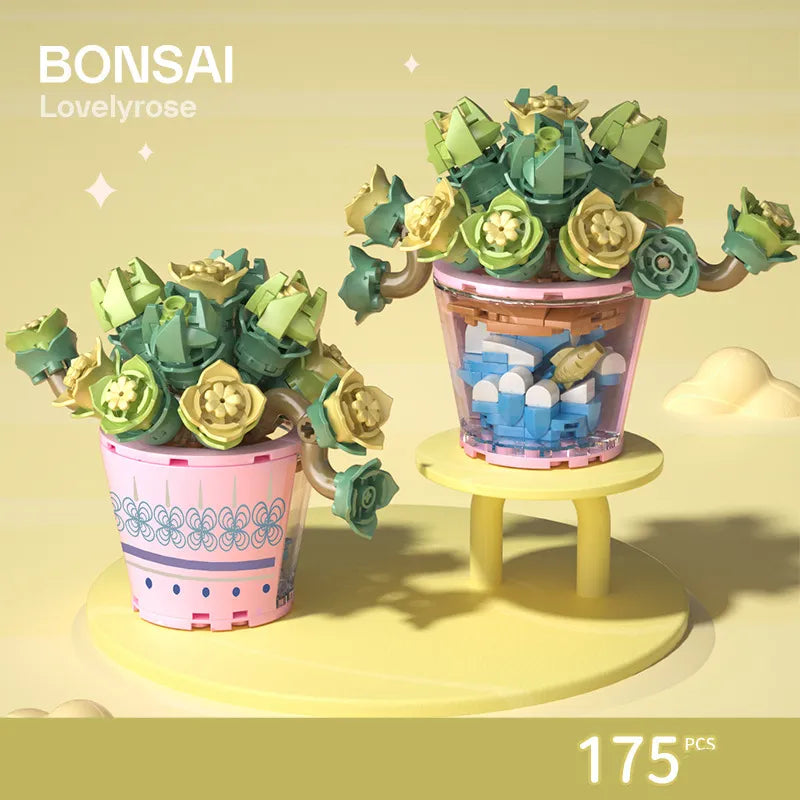 Flower Bouquet In Pot With Bonsai Style Mini Building Blocks - 10 Styles