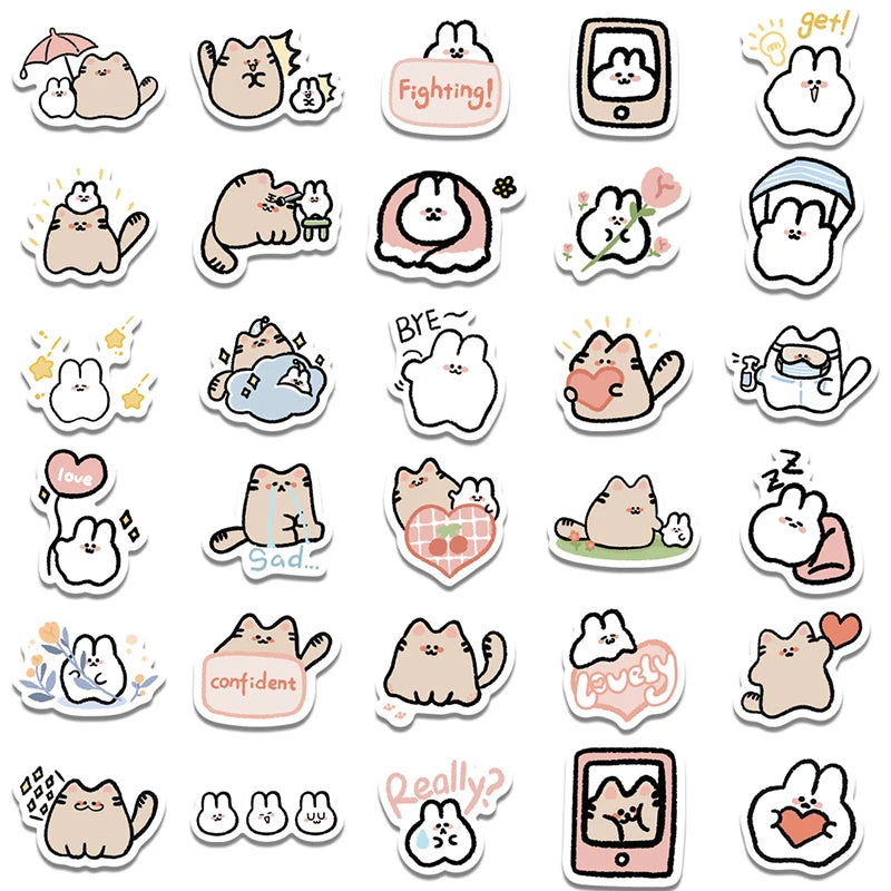 60 pcs Cute/Kawaii White Bunny/Rabbit and Cat Stickers