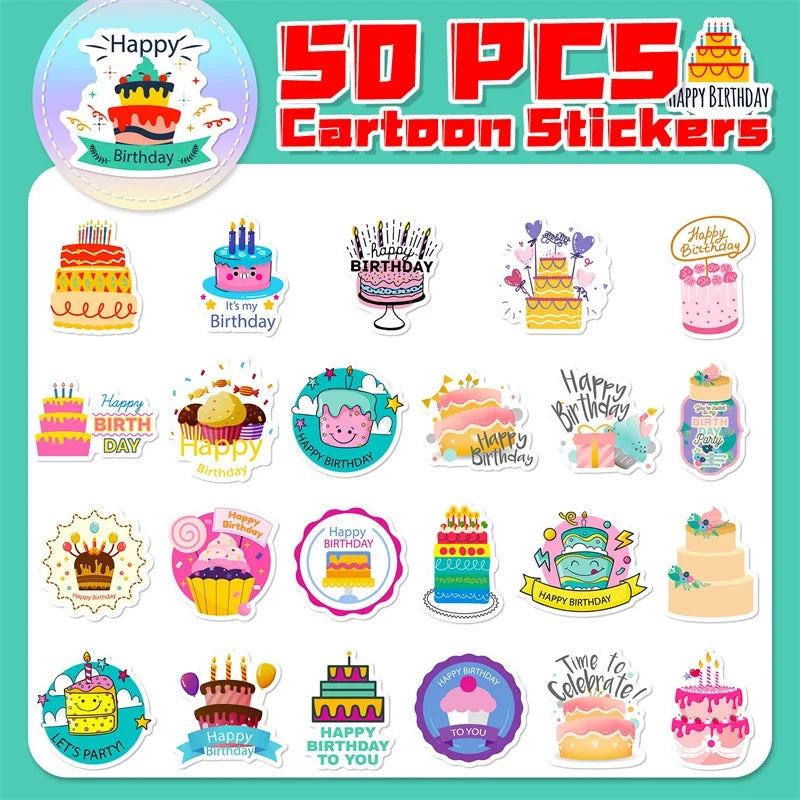 50 pcs Cute/Kawaii Happy Birthday Cake Stickers