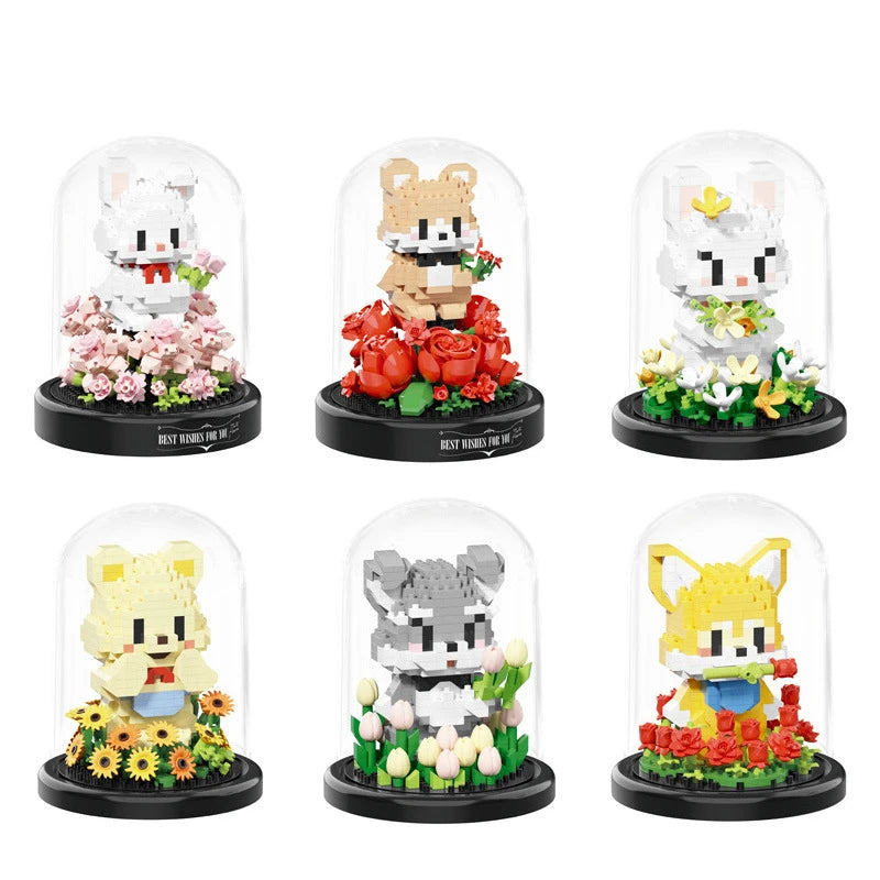 Cute Animal With Flowers and Clear Display Set Mini Building Blocks - 6 Styles