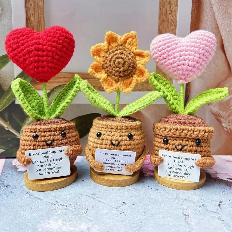 Handmade Knitted Heart/Flower In Pot With Positive Message - 3 Styles