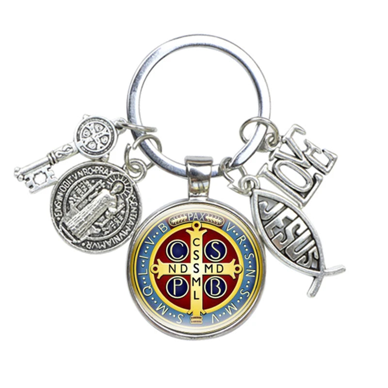 Keychain With Saint Benedict Medallion, Jesus Fish Sign and Other charms - 10 Choices