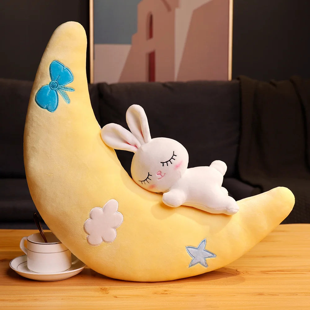 Cute Rabbit With Moon Plush Pillow Toy 30/50/70cm - Purple/Yellow/Pink