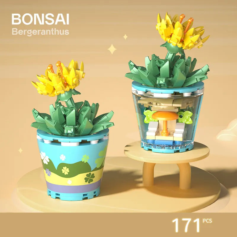 Flower Bouquet In Pot With Bonsai Style Mini Building Blocks - 10 Styles