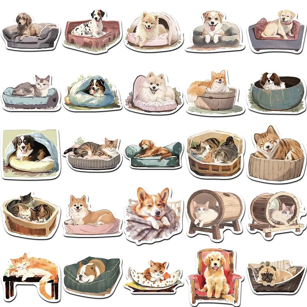 50 pcs Cute/Kawaii Dog/Cat In Bed Stickers