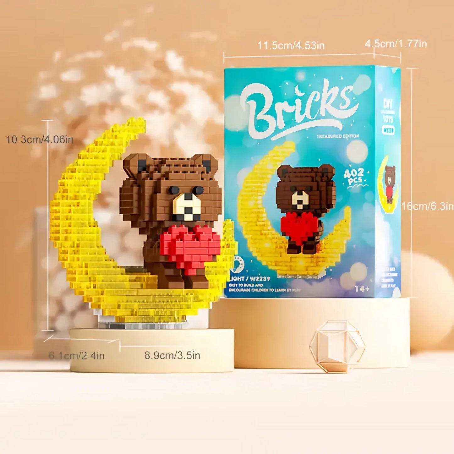 Cute Bear With Red Heart, Moon And Light Mini Building Blocks