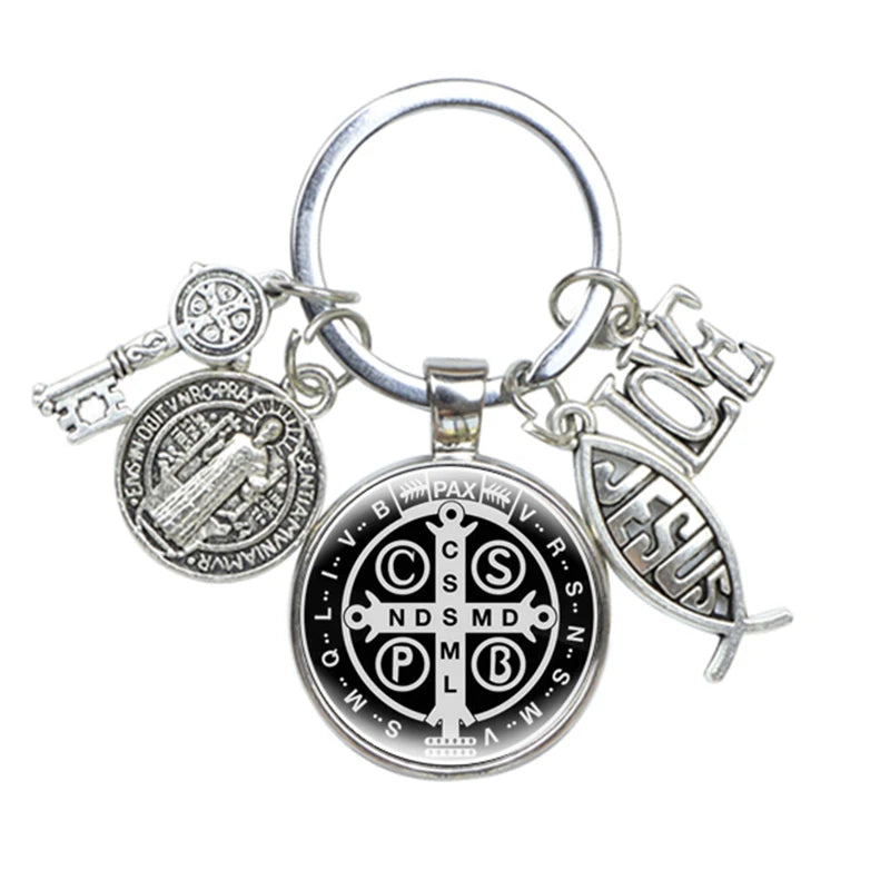 Keychain With Saint Benedict Medallion, Jesus Fish Sign and Other charms - 10 Choices